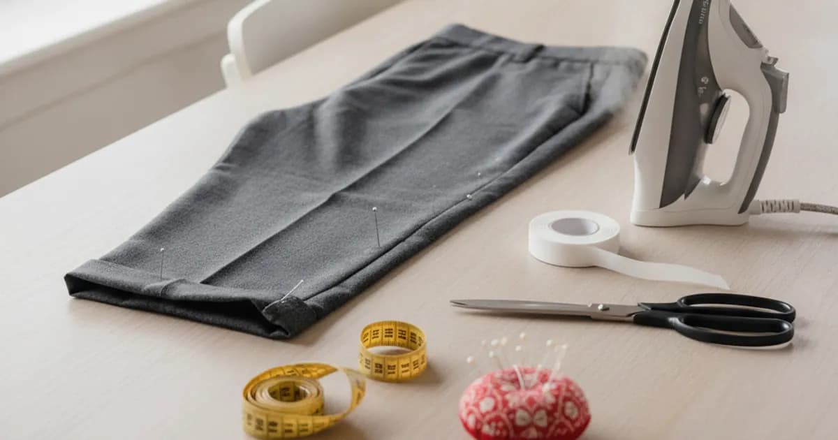 Evde masa üzerinde paçası toplu iğneyle katlanmış gri pantolon, ütü, paça bandı, makas ve mezura